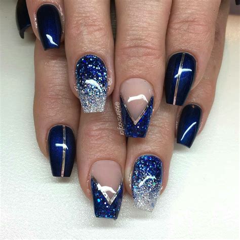 acrylic nails blue and silver|cute sns manicure navy blue.